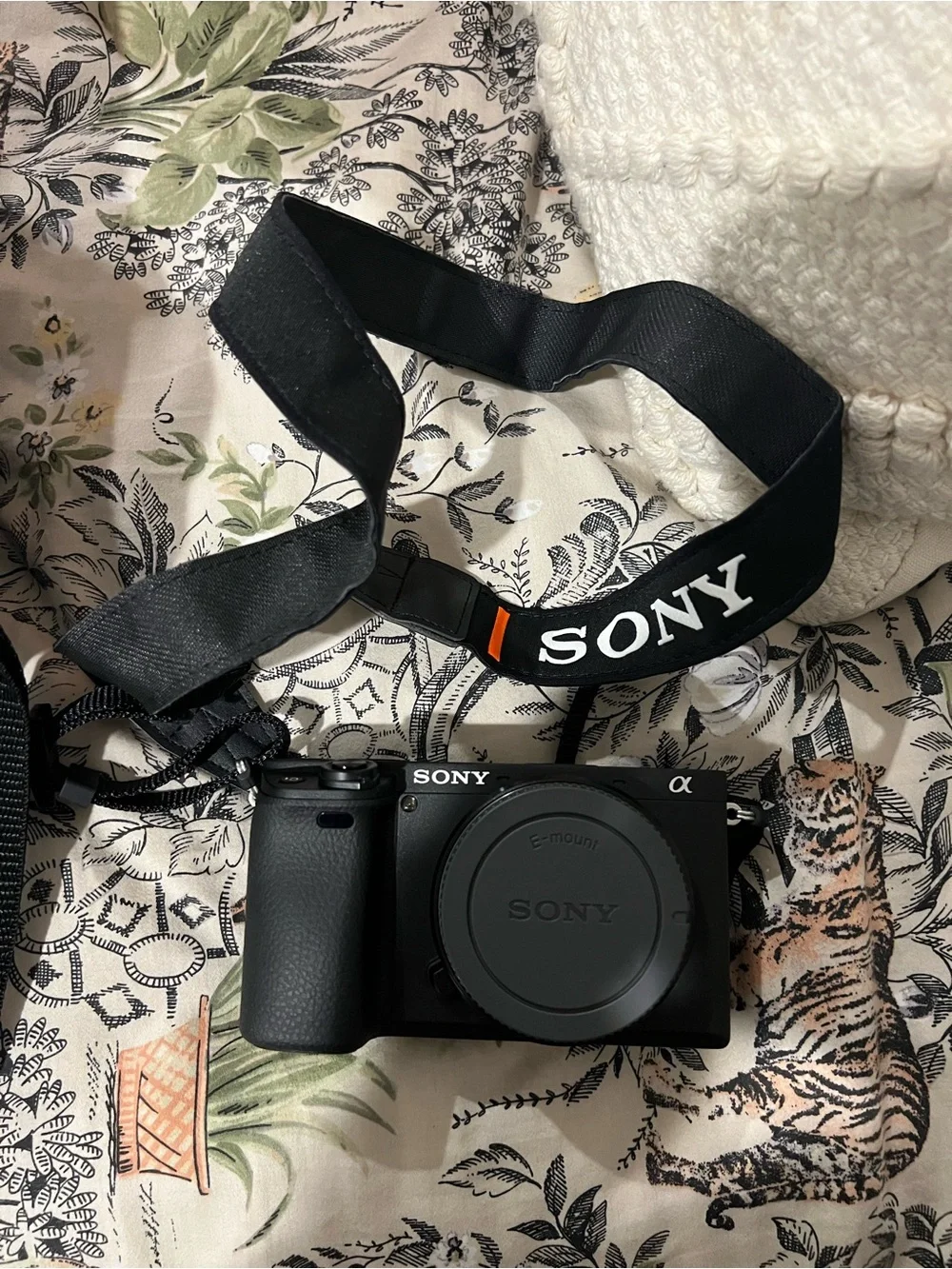 Sony Black Alpha Mirrorless A6100 Camera Body with Black Strap and Orange Accent